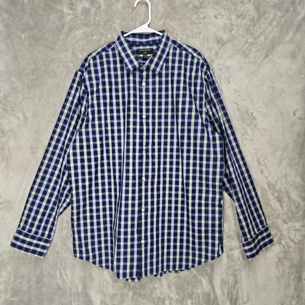 Banana Republic‎ Mens Non Iron Slim Fit Plaid Dress Shirt XXL Career Office Prep